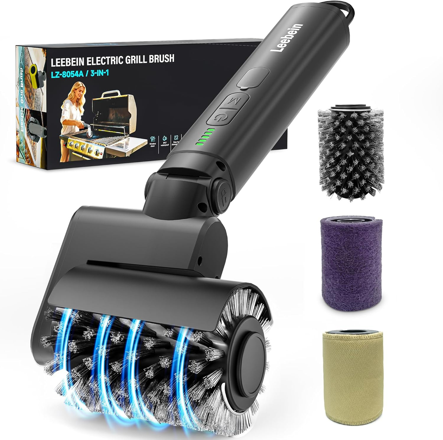 Electric Grill Brush for Outdoor, 2026 Upgraded BBQ Grill Cleaner with 3 Heads, 3-Speed & Angle Adjust Cordless Rotary Grill Brush, 150 Mins Runtime Grill Cleaning Brush for Barbecue Grates