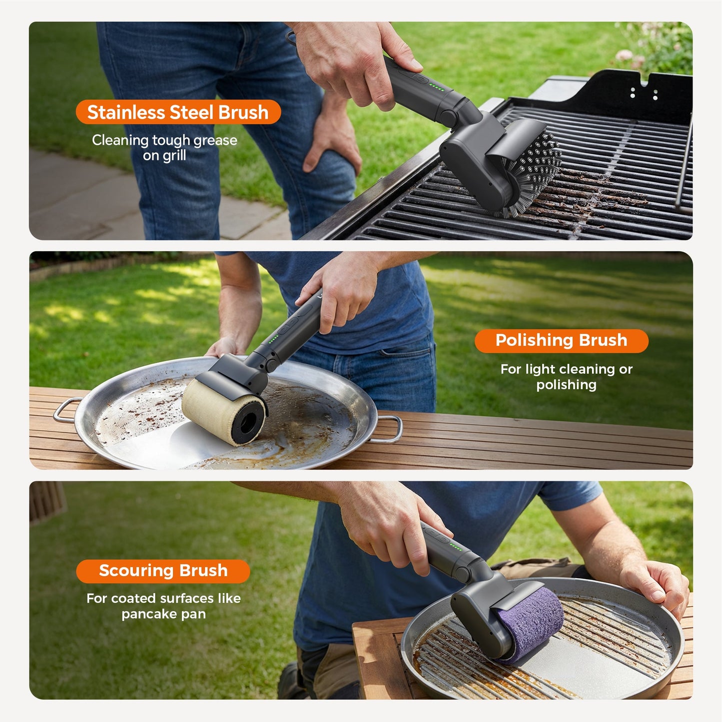 Electric Grill Brush for Outdoor, 2026 Upgraded BBQ Grill Cleaner with 3 Heads, 3-Speed & Angle Adjust Cordless Rotary Grill Brush, 150 Mins Runtime Grill Cleaning Brush for Barbecue Grates