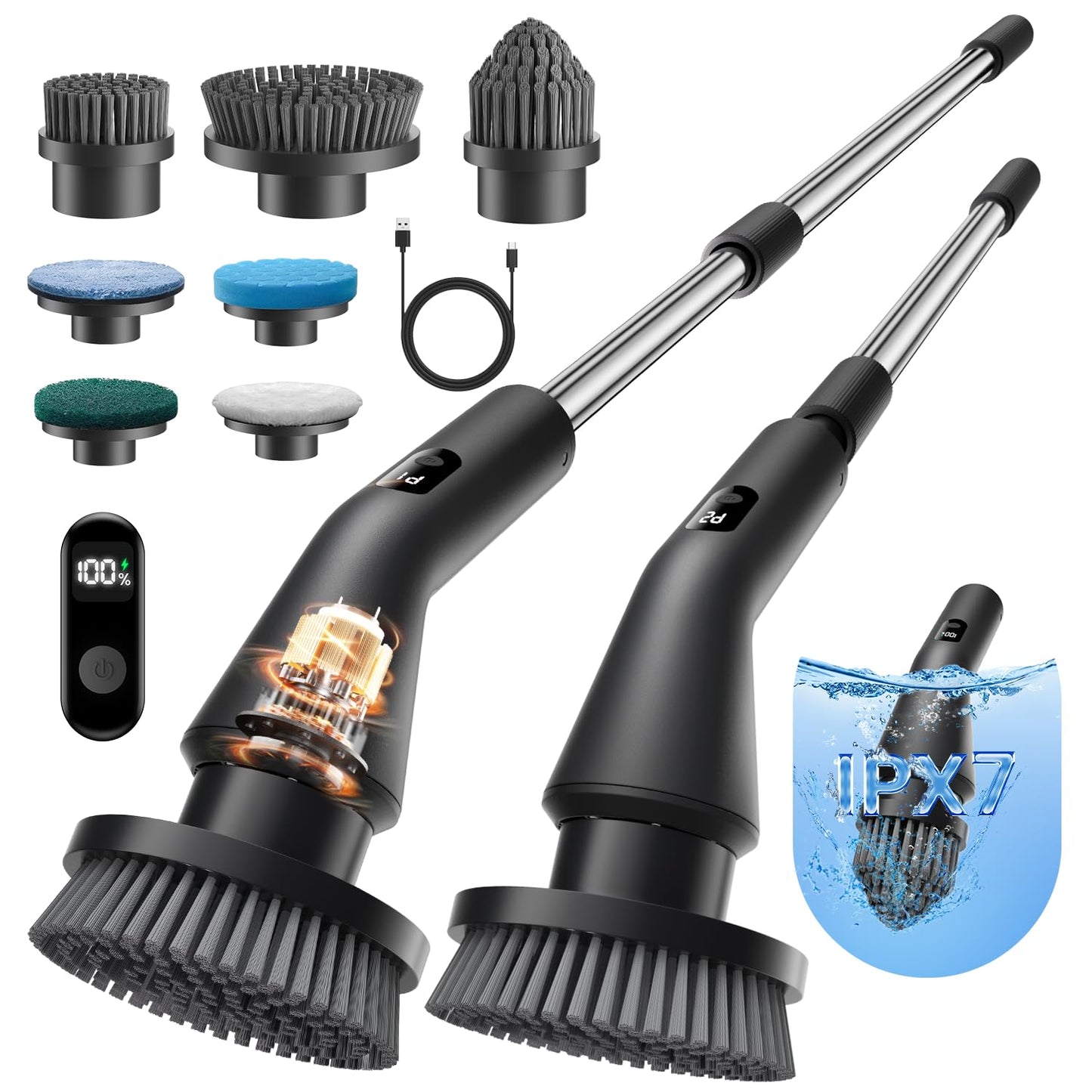 Electric Spin Scrubber, 2025 Upgraded Cordless Cleaning Brush Scrubber, IPX7 Waterproof Power Scrubber with 7 Brush Heads, Extended Handle and 2 Speeds for Bathroom Shower Bathtub Floor