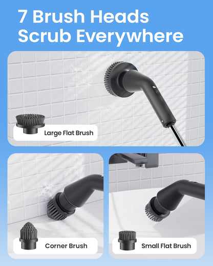 Electric Spin Scrubber, 2025 Upgraded Cordless Cleaning Brush Scrubber, IPX7 Waterproof Power Scrubber with 7 Brush Heads, Extended Handle and 2 Speeds for Bathroom Shower Bathtub Floor
